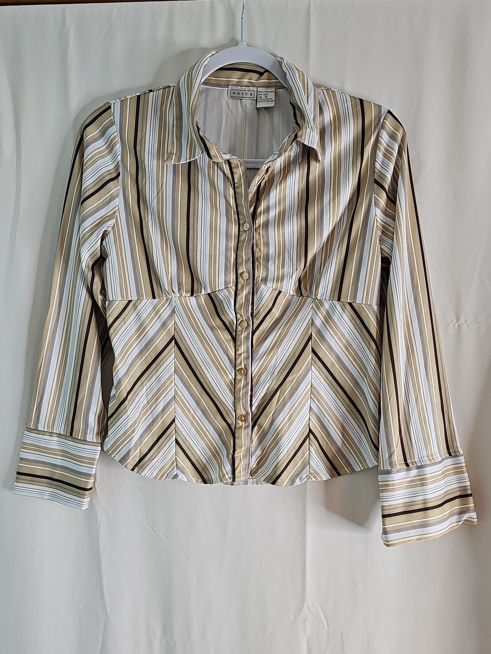 Striped Button-Front Long Sleeve Top in Beige By Voice